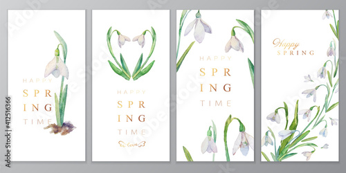 Set of vector cards with spring flowers. Collection of cards with watercolor snowdrops. Frames and backgrounds on a spring theme for your design