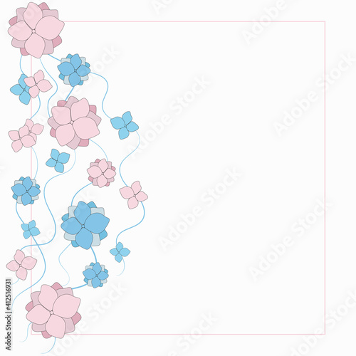 Vector floral motif. Romantic and delicate design of pink and blue flowers and creepers on a white background. Template for greeting cards, wedding, and holiday decoration