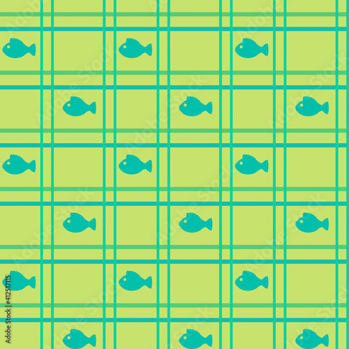 seamless pattern for designer, background, wallpaper for textiles, two-color motif with fish, geometric motif with lines of different thickness, checkered