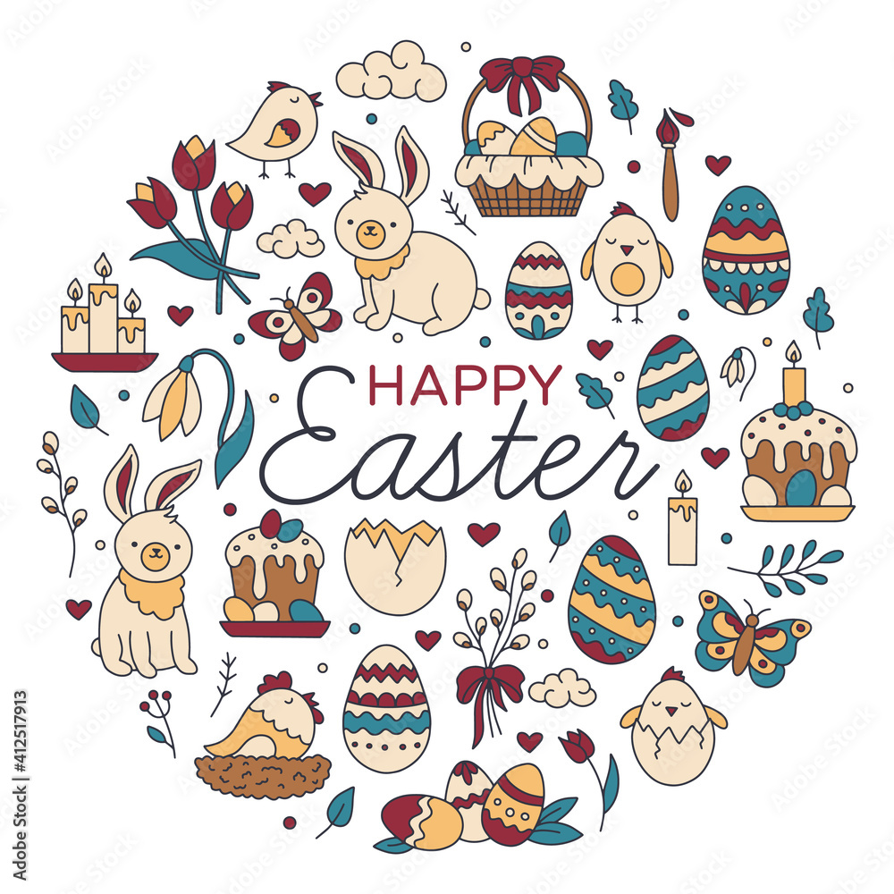 Happy Easter vector set of icons in the hand drawing Doodle style. A circular concept with traditional symbols, eggs, bunnies and chickens.