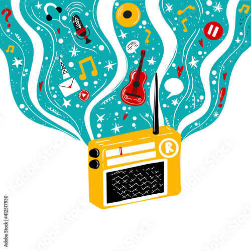 Radio world day. Radio podacsts and online education. Radio  waves  microphone  records and headphones.