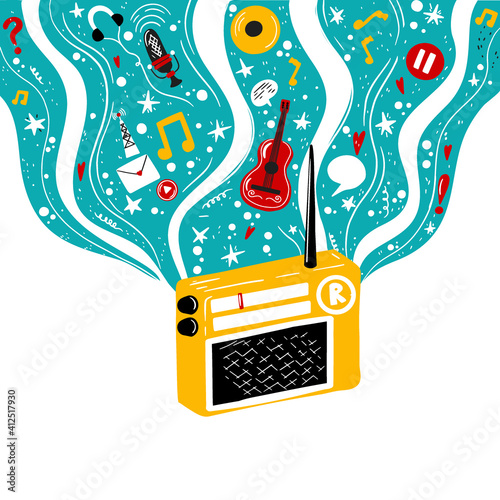 Radio world day. Radio podacsts and online education. Radio, waves, microphone, records and headphones.