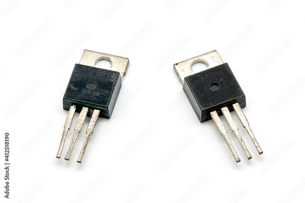 retro Power silicon transistors. damaged transistor. isolated on white base