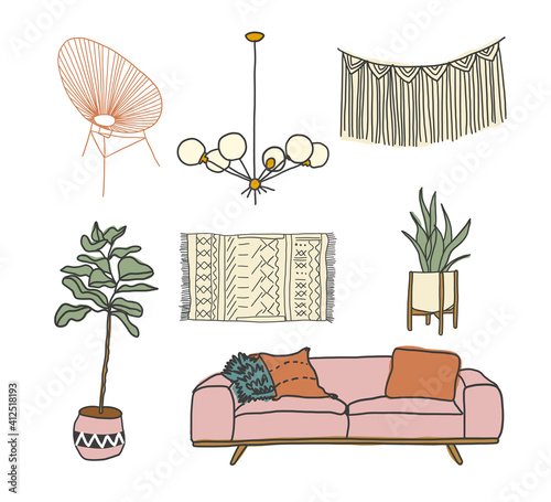 vector interior design illustration. collection set of elements. designer trendy furniture. table chair sofa lamp mirror plant chest table armchair. modern and retro. contemporary danish. mid century