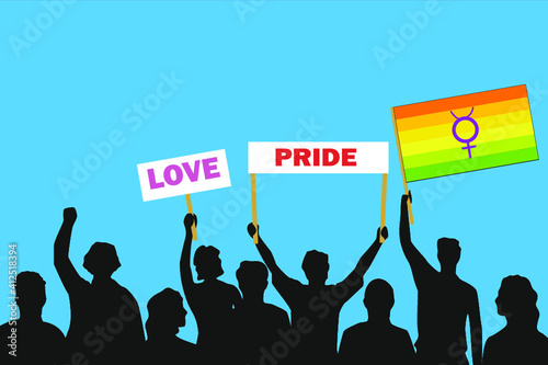 Vector illustration of the crowd that is expressing its attitude regarding to hermaphrodite pride on white background. Love and Pride posters.