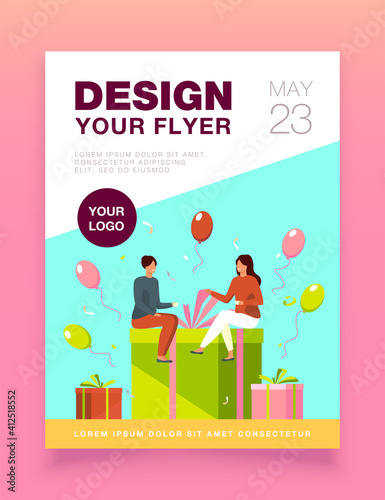 Tiny people sitting on gift box. Balloon, fun, birthday party flat vector illustration. Celebration and holiday concept for banner, website design or landing web page photo