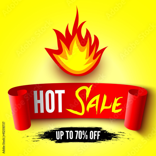 Hot sale banner with fire and red ribbon. Vector illustration.