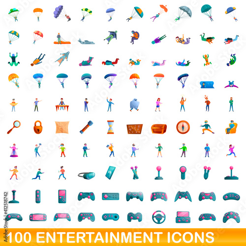 100 entertainment icons set. Cartoon illustration of 100 entertainment icons vector set isolated on white background