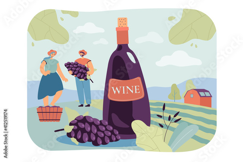 Happy couple producing natural wine isolated flat vector illustration. Cartoon male and female characters growing vines of organic grapes. Alcohol and wine production concept