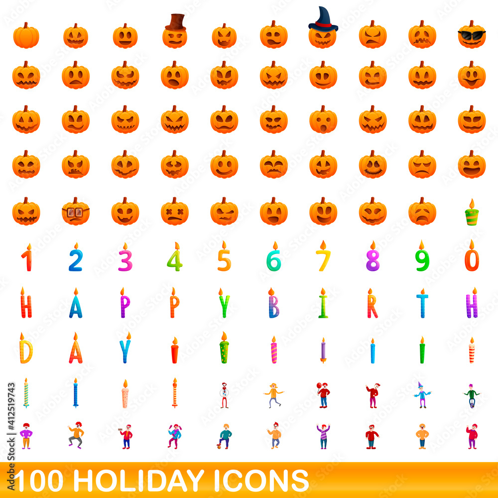 100 holiday icons set. Cartoon illustration of 100 holiday icons vector set isolated on white background