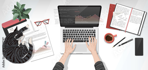 Coworking home-office interior with hands typing on laptop and table with coffee cup, documents, smartphone, notebooks and  cat slipping on the table. Top view workspace vector illustration