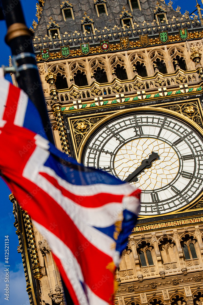 Union Jack in front of Big Ben, or The Clock Tower in London