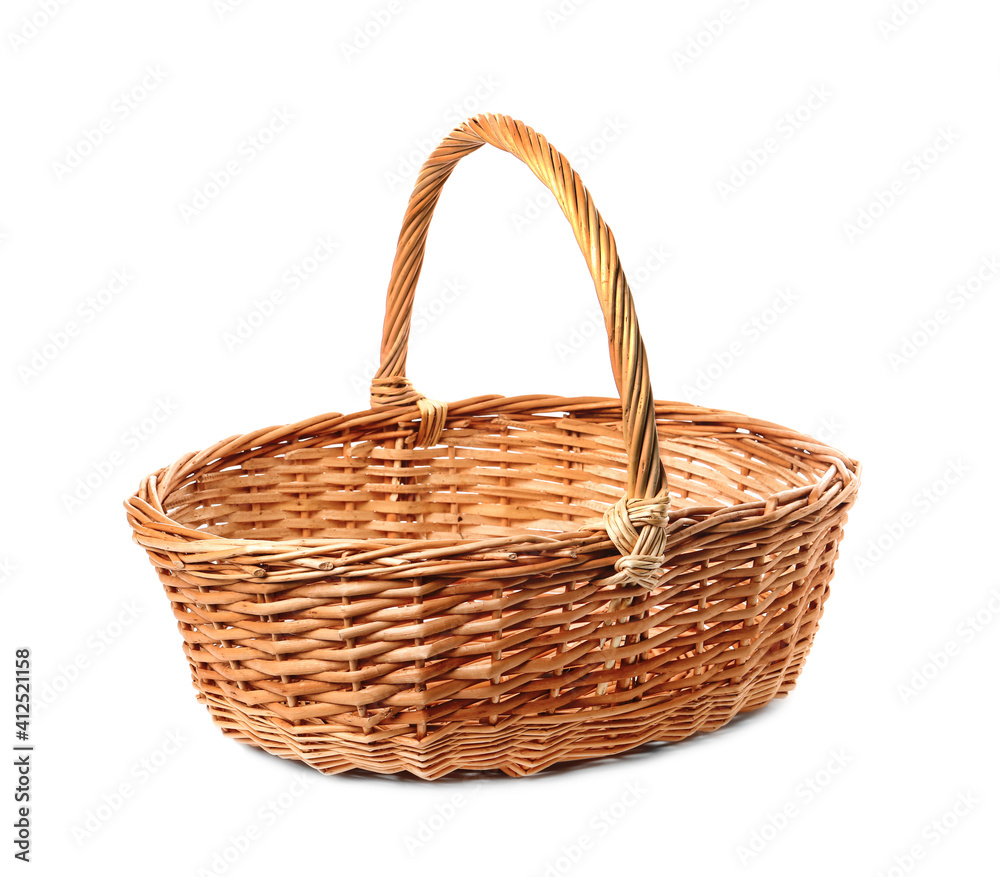 Empty wicker basket isolated on white. Easter item