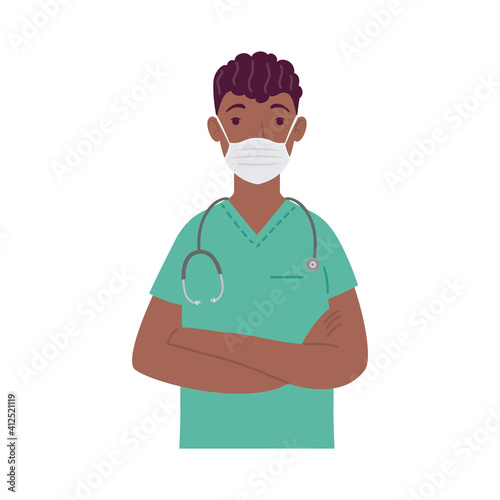 afro doctor wearing medical mask with stethoscope character