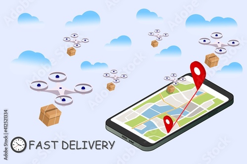 Fast quadcopter delivery boxes, packaging, illustration concept of modern delivery, quadcopter control. Vector EPS10