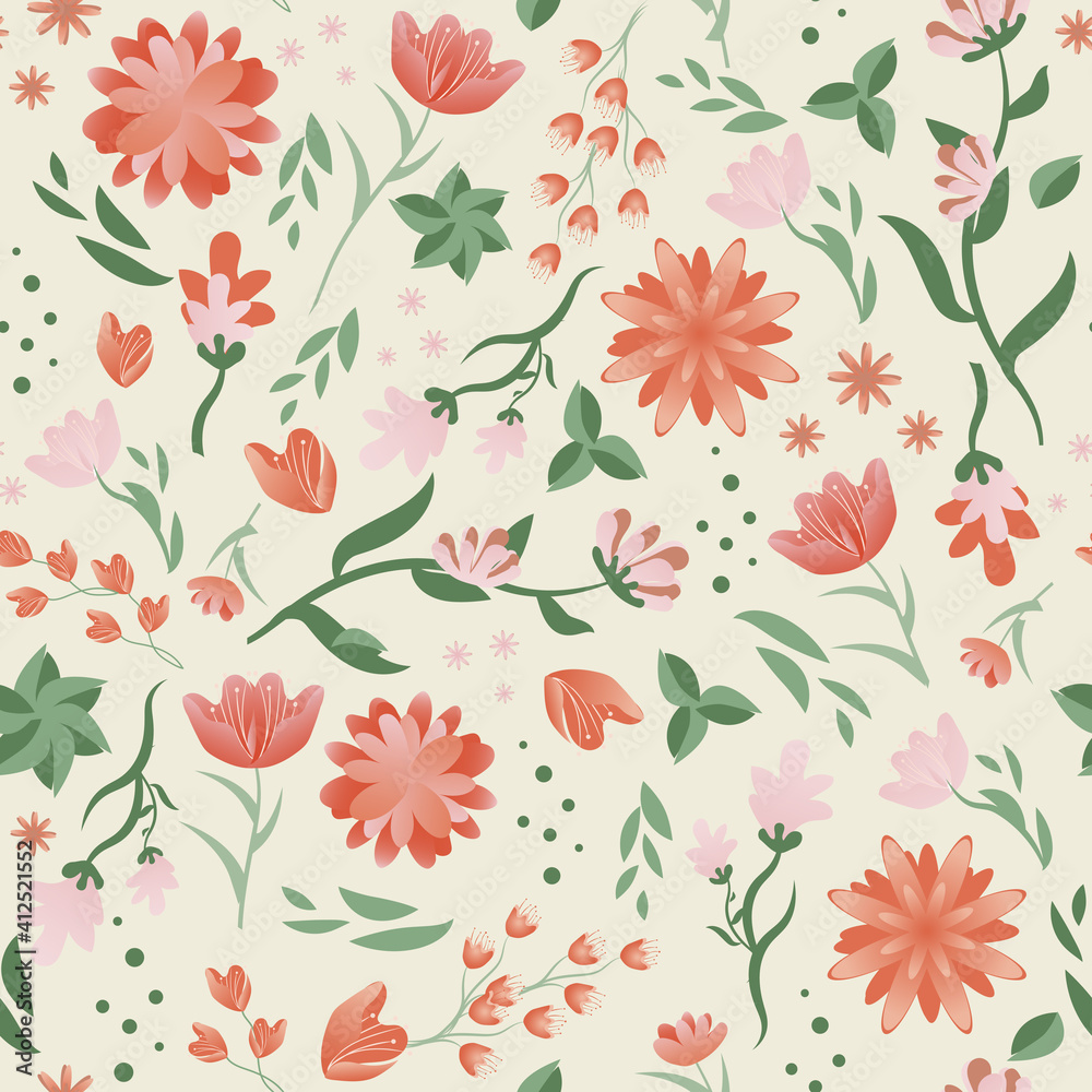 Folkloric floral print with fantasy flowers, seamless pattern of bright fabulous flowers for fabric.