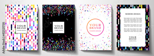 Modern colorful cover design set with circular dots and vertical rainbow lines. Creative multi colored pattern on black and white background. Collection useful for notebook, holiday poster, brochure