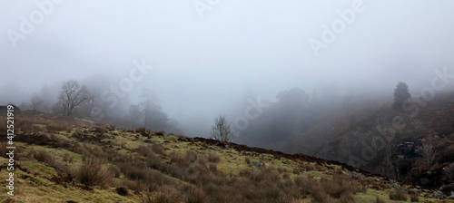 Photography A gritty winter mist covers a woodland sided valley on high moorland at 900ft