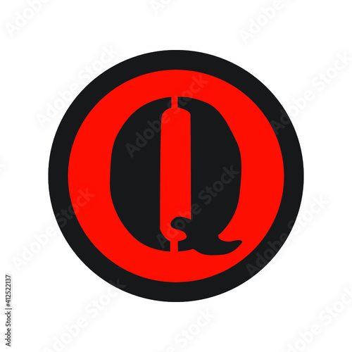 Vector illustration of a black 'Q' letter inside a red circle with a bold black border on white background. 