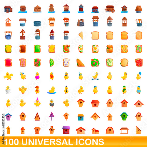 100 universal icons set. Cartoon illustration of 100 universal icons vector set isolated on white background