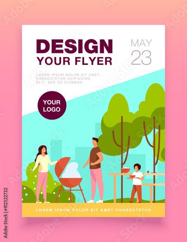 Father cooking barbecue on picnic. Park, nature, food flat vector illustration. Family and weekend concept for banner, website design or landing web page