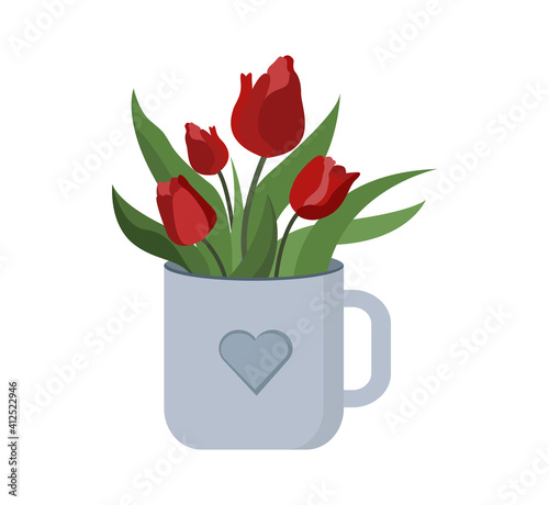 Bouquet of red tulips flowers in a cup. Spring illustration for your design and greetings, postcards card for your loved ones