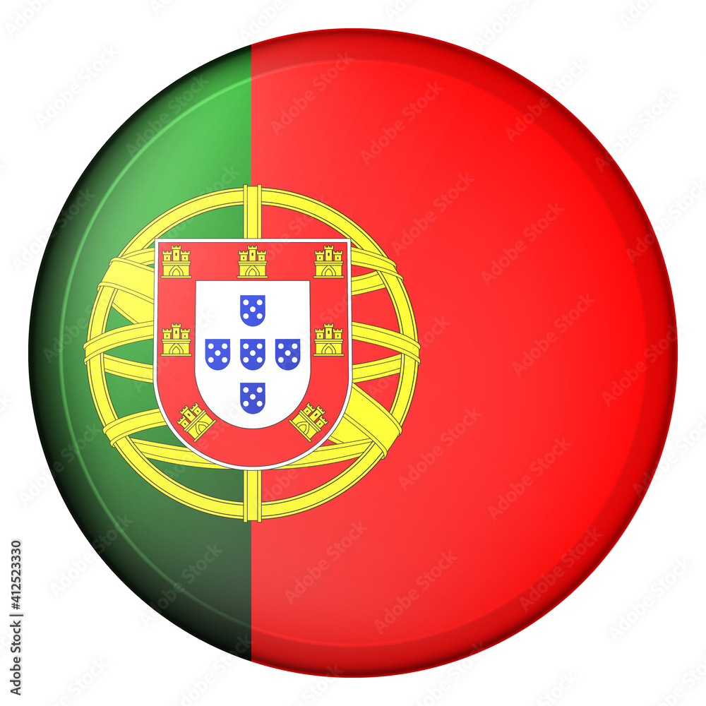 Obraz premium Glass light ball with flag of Portugal. Round sphere, template icon. Portuguese national symbol. Glossy realistic ball, 3D abstract vector illustration highlighted on a white background. Big bubble.