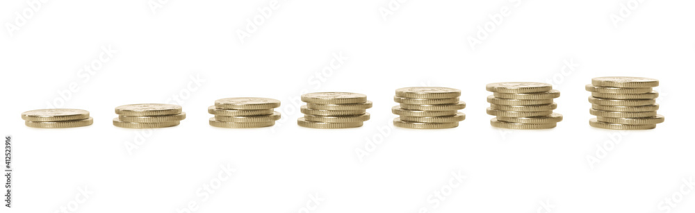 Stacked coins on white background. Investment concept Stacked coins on white background. Investment concept