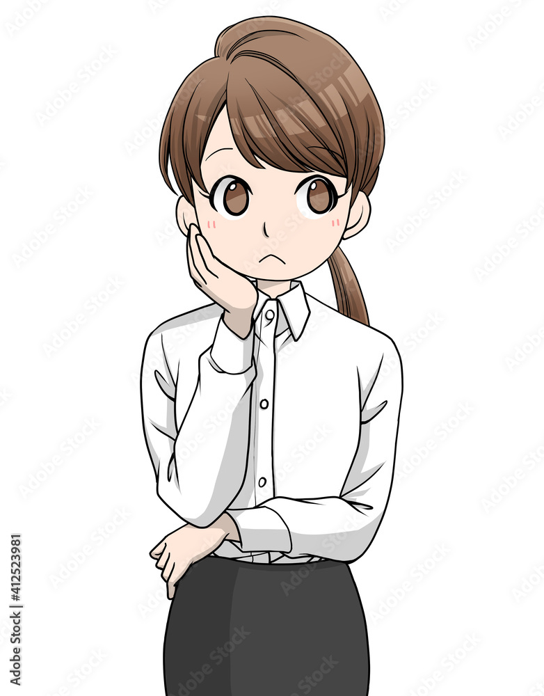 ほおづえをついて考えるワイシャツを着た茶色い髪の女性 ほおづえをついて考えるワイシャツを着た茶色い髪の女性