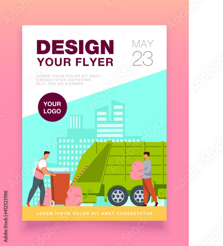 Trash pickup worker cleaning dustbin at truck. Man carrying trash in plastic bag flat vector illustration. City service, waste disposal concept for banner, website design or landing web page