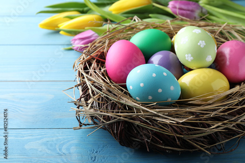 Colorful eggs in nest and tulips on blue wooden background, closeup. Happy Easter