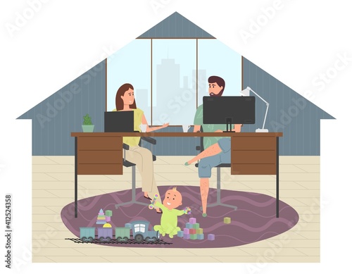 Parents work at home at a computer and laptop while a small child plays with toys and a train nearby sitting on the floor.