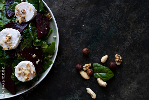 Beetroot Salad with spinach goat cheese and various nuts