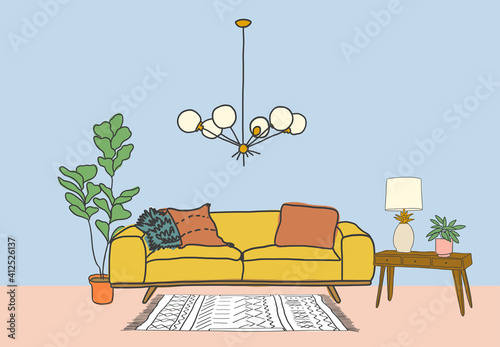vector interior design illustration. collection set of elements. designer trendy furniture. table chair sofa lamp mirror plant chest table armchair. modern and retro. contemporary danish. mid century