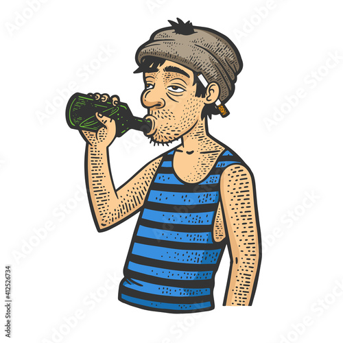 drunkard with a bottle color sketch engraving vector illustration. T-shirt apparel print design. Scratch board imitation. Black and white hand drawn image.