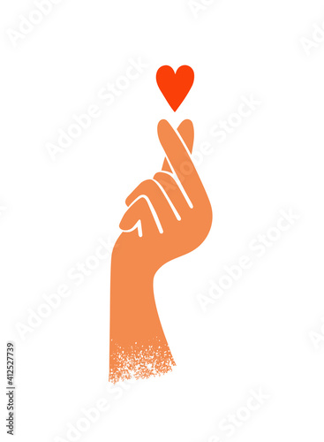 Human hand making fingers gesture small red heart. Asian sign of love. Korean symbol mini heart. Self or body care icon. Message I love you. Charity, volunteer work. Valentines day vector illustration