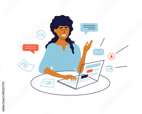 Work multitasking concept. Woman working by laptop, talking making video call. Female chatting online. Remote office, job, business task, workplace. Email, notice sign. Technology vector illustration
