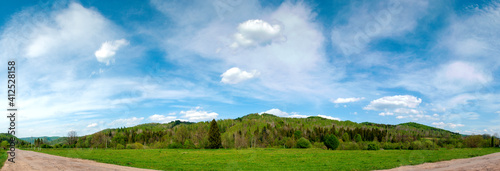 panorama with distant forest and churches on a beautiful sunny day © mikhailgrytsiv
