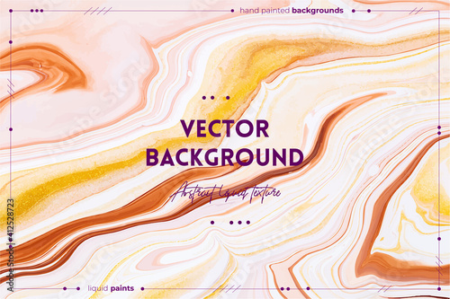 Fluid art texture. Abstract backdrop with mixing paint effect. Liquid acrylic artwork with beautiful mixed paints. Can be used for interior poster. Golden, brown and white overflowing colors