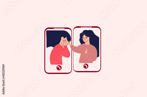 Flat character woman comforts her best friend via the phone. Girl consoles other girl with mental issues. Female with broken heart crying and being supported by someone else over a call. Vector.