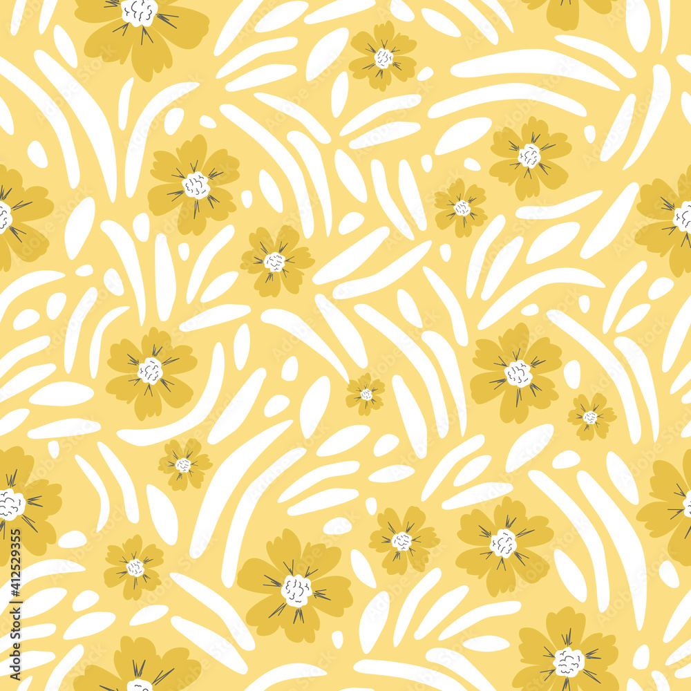Seamless Pattern Yellow Flowers White Geometric Spots Yellow Background Vector Illustration