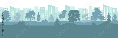 City park silhouette with beautiful trees on background of skyscrapers and tall buildings. Vector illustration.