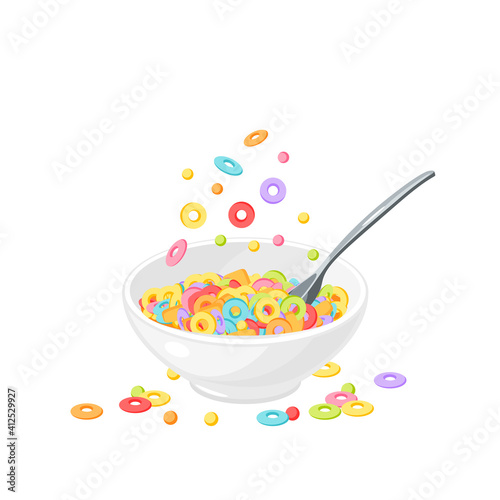 Bowl of colored cereal with spoon. Healthy breakfast. Vector illustration cartoon flat icon isolated on white background.