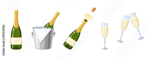 Champagne wine collection. Vector illustration cartoon flat icon set isolated on white background.