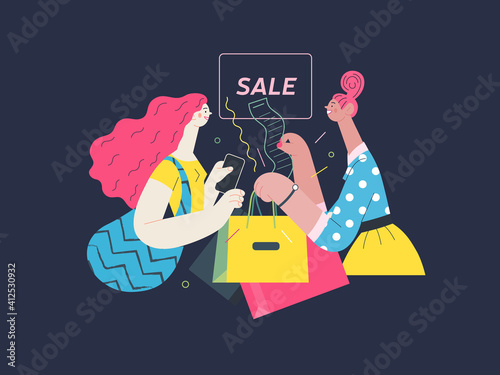 Discounts, sale, promotion - cash desk - modern flat vector illustration concept of a customer and a shop assistant. Selling interaction and purchasing process.