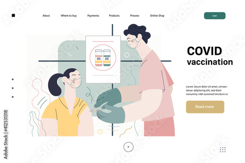 Medical insurance web page template- coronavirus COVID-19 vaccination -modern flat vector concept digital illustration of a therapist vaccinating a female patient, medical office or laboratory