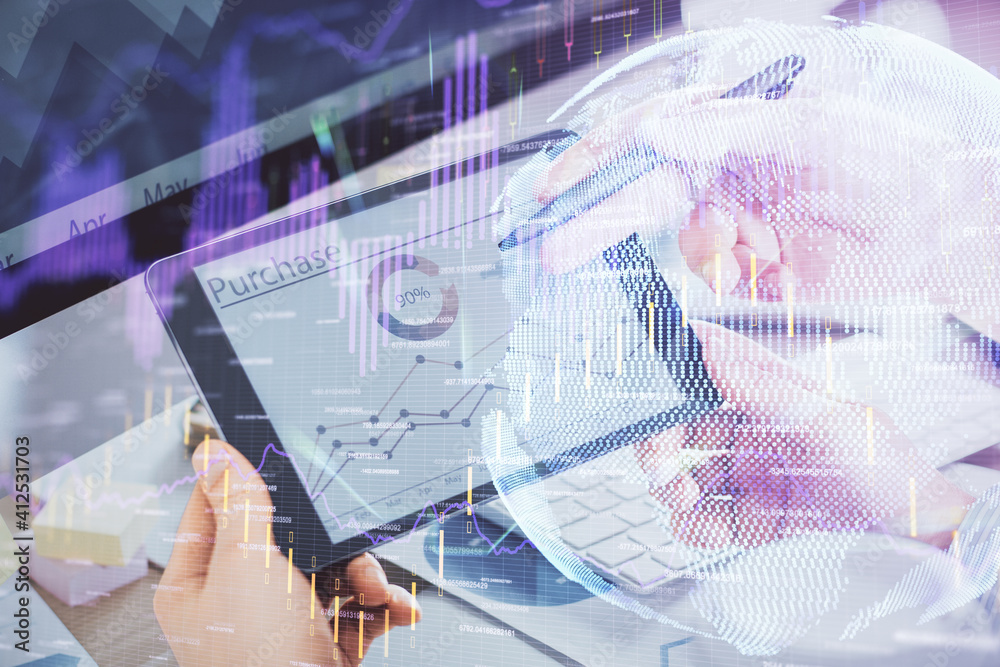Double exposure of man's hands holding and using a phone and financial chart drawing. Market analysis concept. Double exposure of man's hands holding and using a phone and financial chart drawing. Market analysis concept.