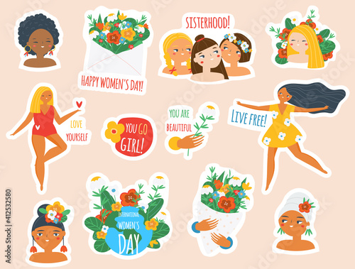 Female stickers collection. Big set of women badges for 8 march celebration  body positive and feminist concept. Inspirational quotes for self care and Girls of different cultures with slogans