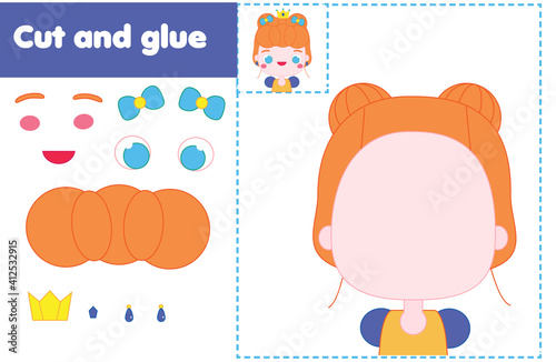 Cut and paste children educational game. Paper cutting activity. Make a princess with glue and scissors. Stickers fun for toddlers