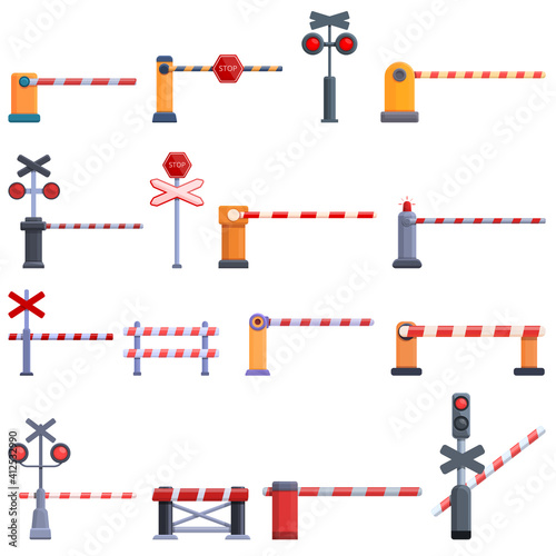 Railroad barrier icons set. Cartoon set of railroad barrier vector icons for web design